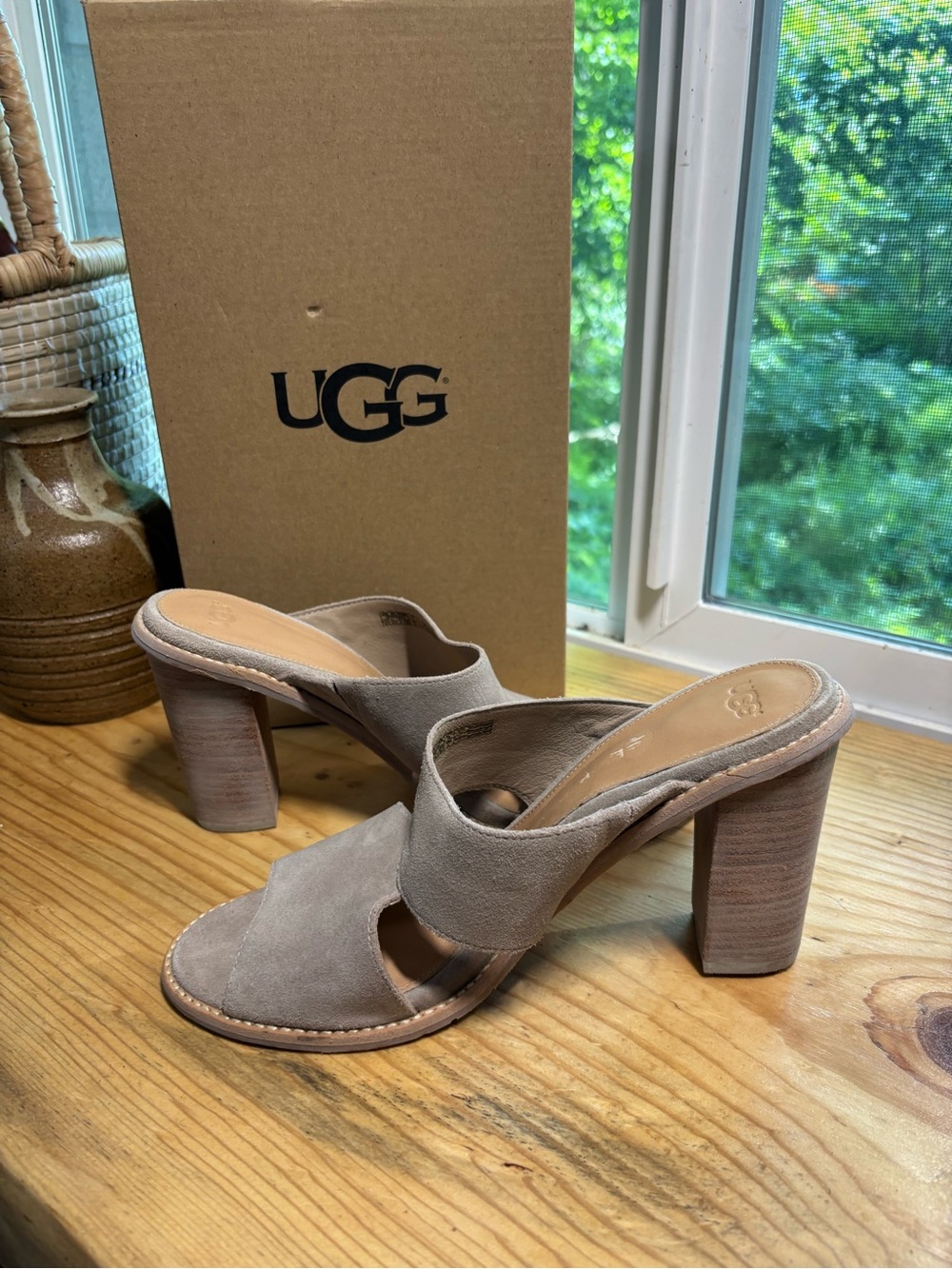 UGG Women's Taupe Suede Block Heel Mules
